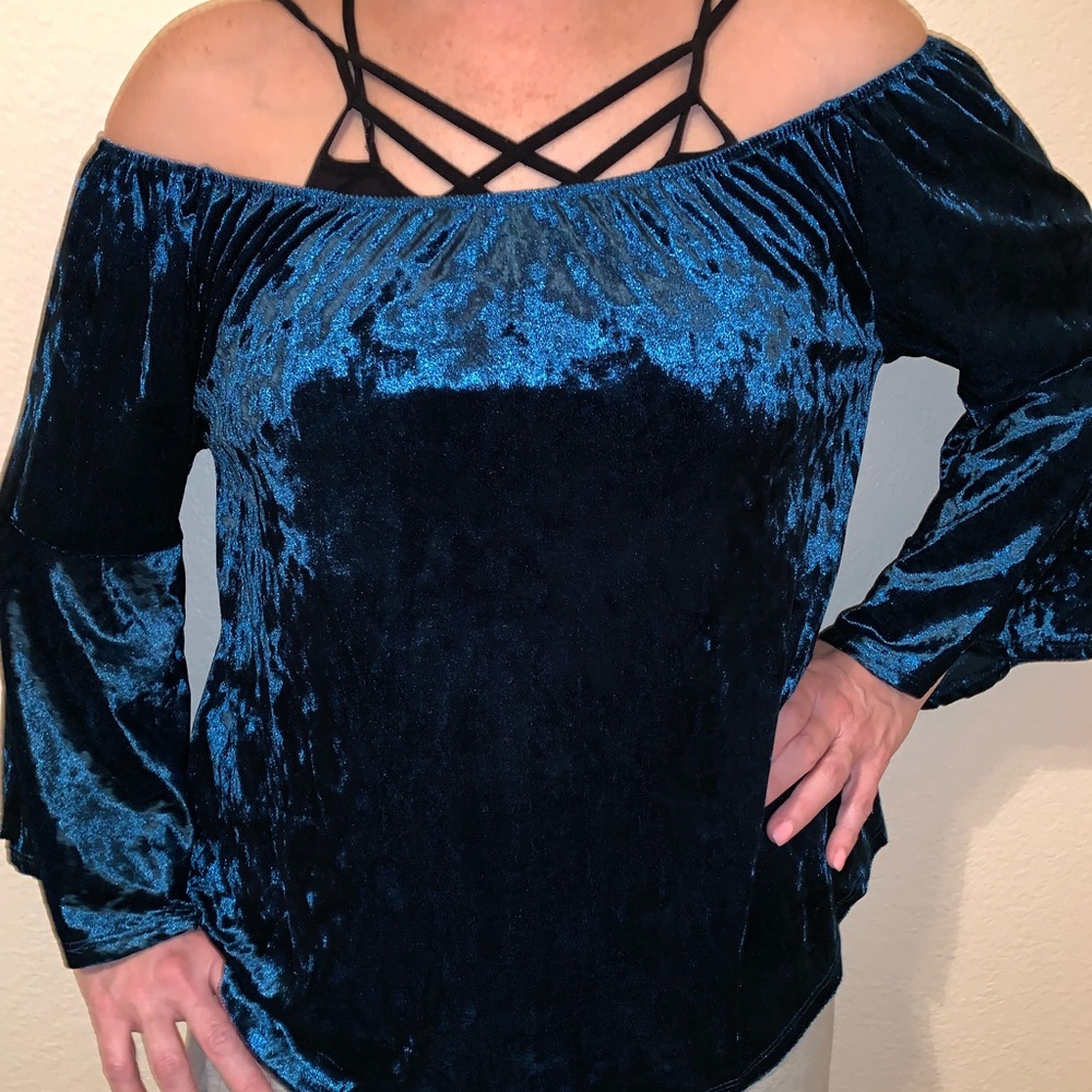 Blue velvet off the shoulder top with bell sleeves